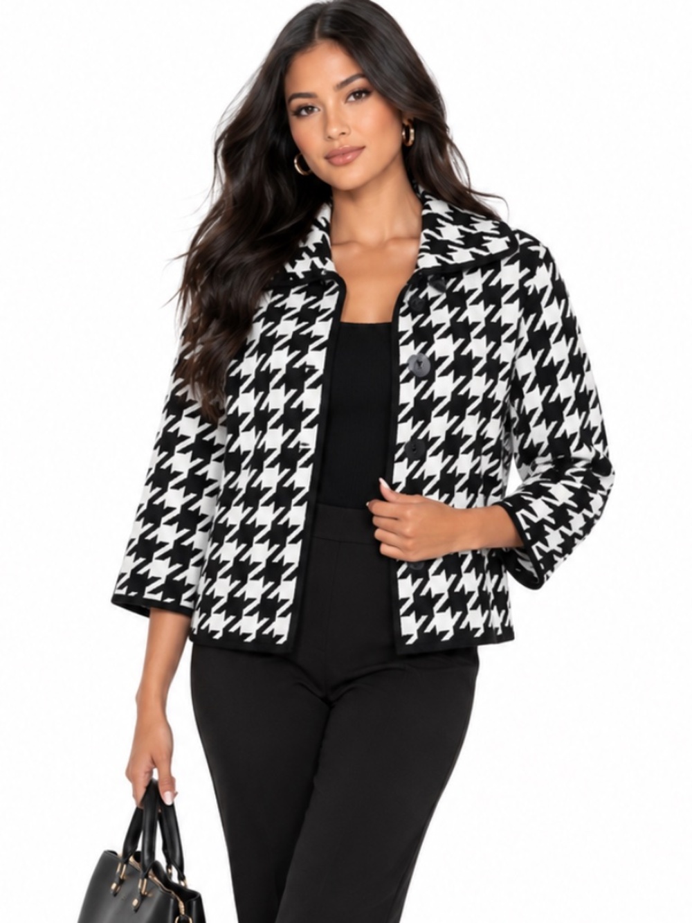 Anne Klein Houndstooth Collared Hidden Snap Front Cardigan Knit Sweater Jacket